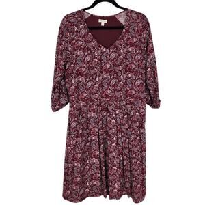 Garnet Hill Womens Paisley Print Burgundy Dress Size 10 V-Neck 3/4 Sleeve